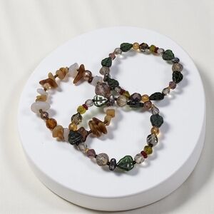 Multicolor Beaded Stretch Bracelet Set — Green and Brown Accents